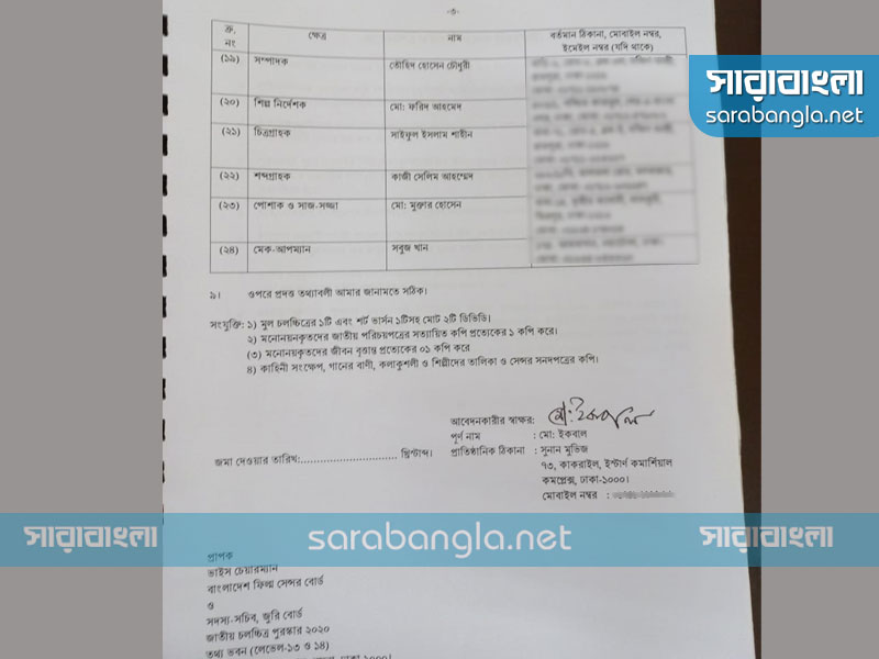 জাতীয় চলচ্চিত্র পুরস্কারের জন্য জমা দেওয়া 'বীর' ছবির আবেদনপত্রে শিল্প নির্দেশক হিসেবে শুধু ফরিদ আহমেদের নাম জমা দেওয়া হয়েছে। ছবিঃ সারাবাংলা