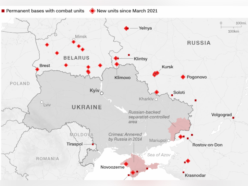 ইউক্রেন সীমান্তে রাশিয়ার স্থায়ী ও অস্থায়ী সামরিক স্থাপনা, ছবি: সিএনএস