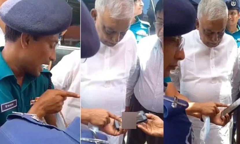 সাবেক স্বরাষ্ট্রমন্ত্রী আসাদুজ্জামান খান কামালকে ছাত্রদের ওপর গুলি করার ভিডিও দেখাচ্ছেন তৎকালীন ওয়ারী বিভাগের উপকমিশনার (ডিসি) মোহাম্মদ ইকবাল। ছবি: সংগৃহীত