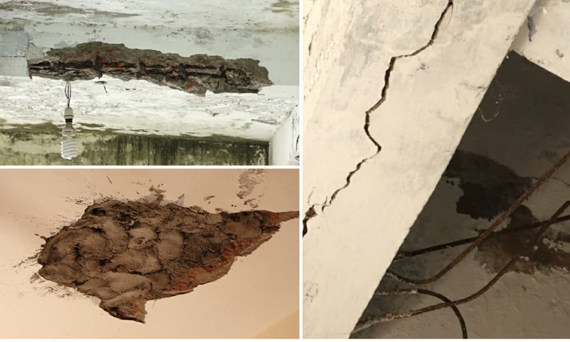 নোয়াখালী সরকারী কলেজে ৬টি ভবনের ভেঙে পড়া ভীম, খসে পড়া ছাদের পলেস্তরা। ছবি কোলাজ: সারাবাংলা