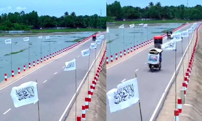 টেকনাফের সিমান্ত সড়কজুড়ে কালেমা লেখা পতাকা