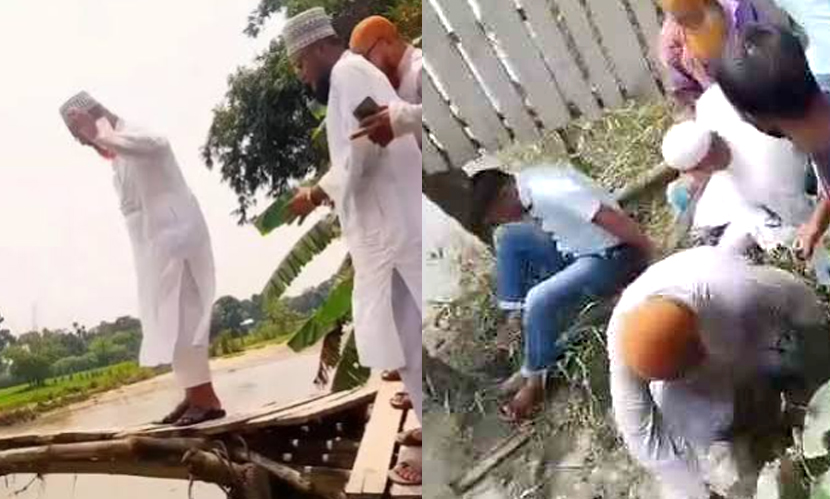 এমপির পরিদর্শনের সময় ভেঙে পড়ল কাঠের ব্রিজ