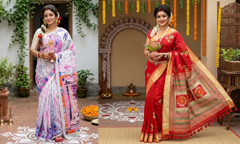 শাড়ির ভাঁজে ঐতিহ্যের নতুন আবহে পূজা
